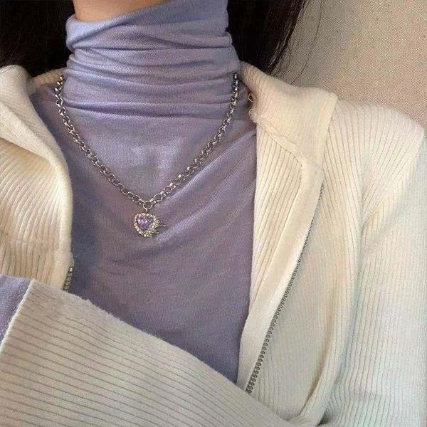 

chains earringearringsins purple love diamond necklace female niche design sense personality simple wild crystal pendant clavicle chain, Silver