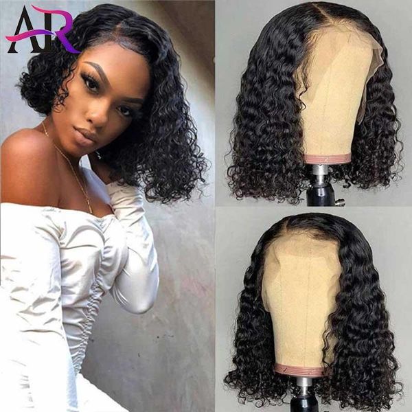 

lace wigs a&r brazilian deep wave human hair bob closure wig remy short curly preplucked baby natural hairline, Black;brown