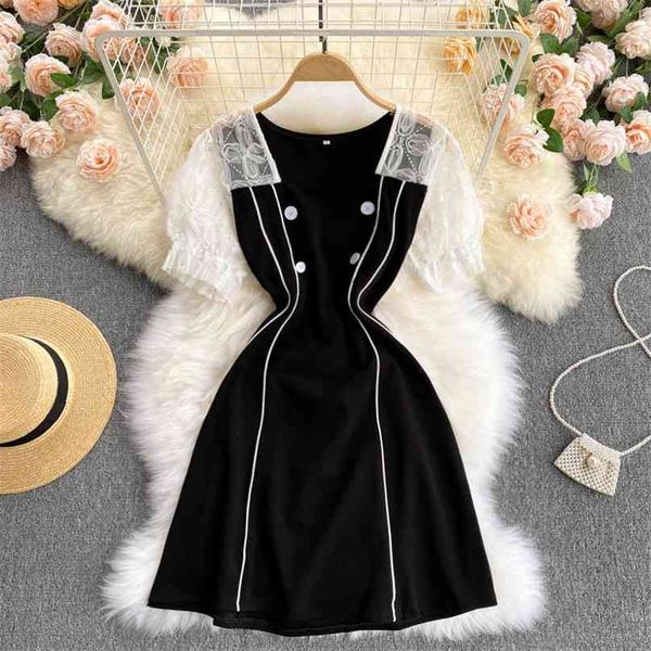 Mulheres Moda Doce Quadrado Pescoço Laço De Manga Curta Slim Vestido Preto Vestido Roupas Vintage Coreano Vestidos S664 210527