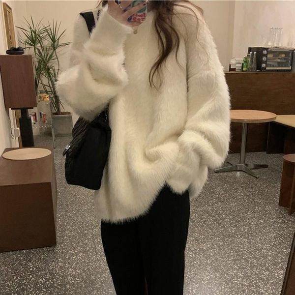 

women's sweaters soft loose knitted mohair sweater women 2021 winter solid female pullovers warm basic knitwear jumper, White;black