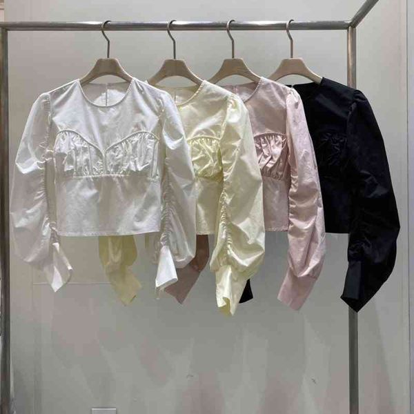 

korean fashion folds design solid shirts women blouses spring long sleeve ladies o-neck blusas de mujer 210514, White