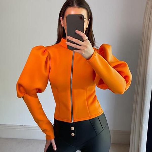 

women's jackets fashion women solid black white orange slim short jacket 2021 autumn winter stand collar zipper pull sleeve outerwear c, Black;brown