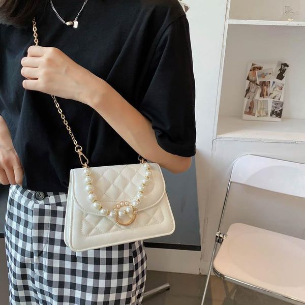 

shoulder bags for women 2021fashion hardware lock girl bag pearl portable lady messenger diamond check chain strap