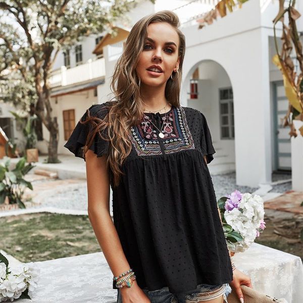 

women's blouses & shirts summer 2021 fashion black embroidered t-shirt loose casual vacation style puff sleeve chiffon shirt short, White