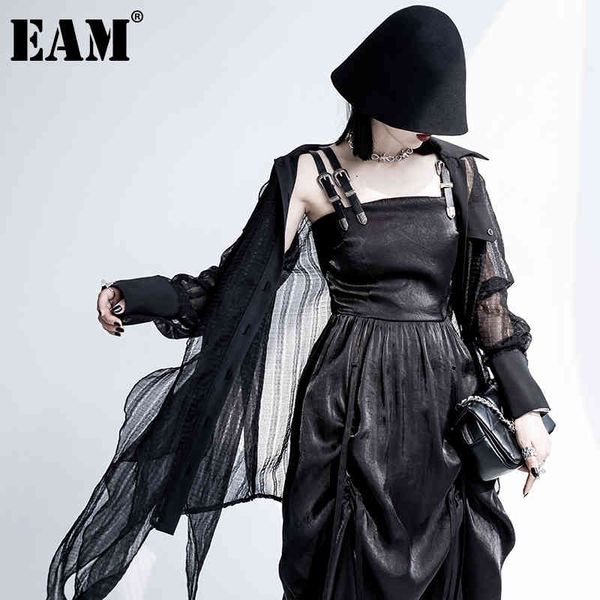 

[eam] women black ruffle strapless pleated dress square neck sleeveless loose fit fashion spring summer 1dd7547 210512, Black;gray