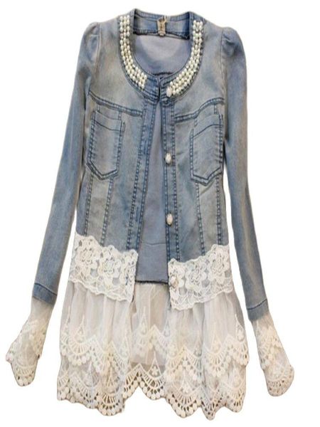 

women's jackets plus size 5xl elegant floral lace thin short patchwork slim female outerwear beaded denim washed jeans coats, Black;brown