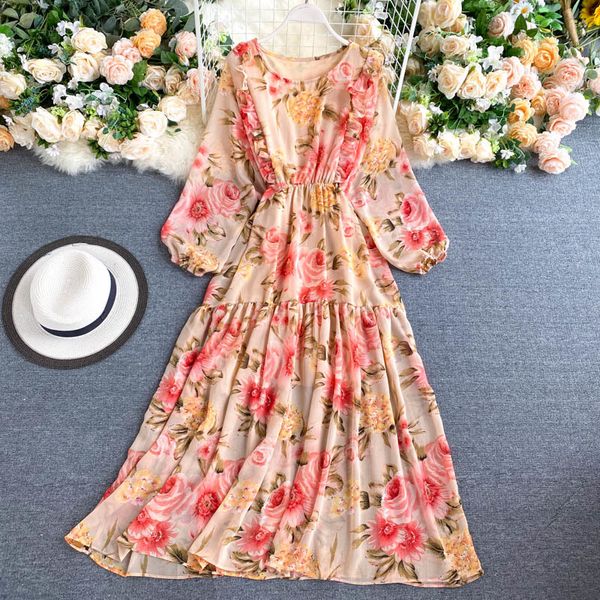 

bohemian summer women chiffon long dress sleeve high waist floral print beach maxi dresses robe mujer 210426, Black;gray