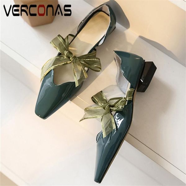 

dress shoes verconas 2021 sweet arrival woman pumps spring summer genuine leather lace up square toe strange high heeled, Black