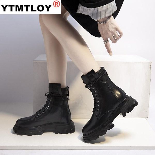 

boots fashion leather ankle for women motorcycle black platform thick heel winter shoes booties lctb