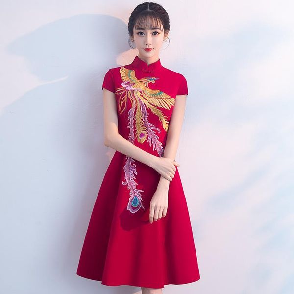 

casual chinese traditional wedding qipao bride red short cheongsam dress qi pao vintage oriental collars mini slim dresses 7zhw, Black;gray