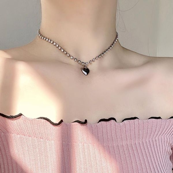

pendant necklaces statement heart chain necklace for women fashion metal rhinestone collarbone choker aesthetic jewelry initial charms, Silver