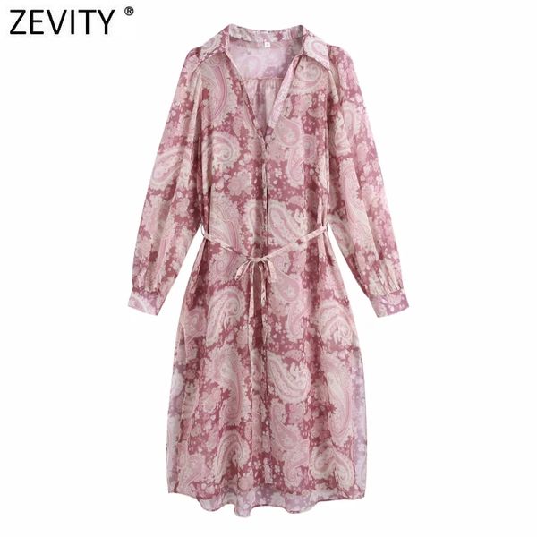 

zevity women vintage cashew nut print side split chiffon shirt dress female chic totem floral sashes business vestido ds8273 210419, Black;gray