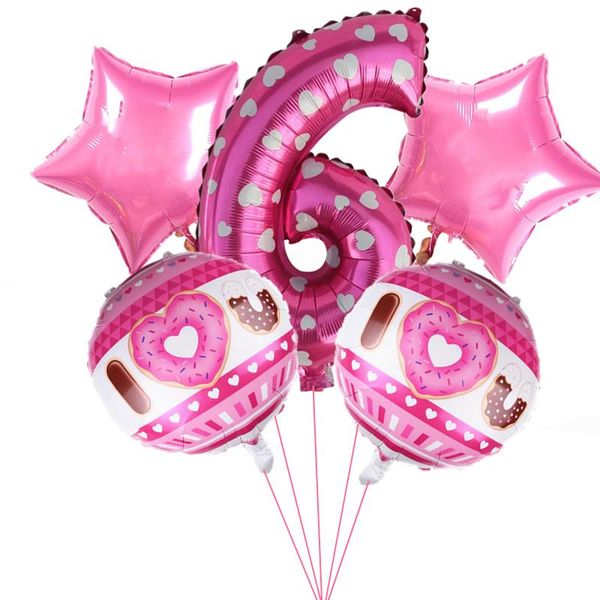 

party decoration 5pcs 32 inch pink polka dot digital donut five-pointed star aluminum foil balloon set girl happy birthday balls