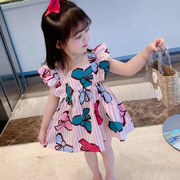 

summer girls dress 2022 new striped bowknot casual flying sleeve party princess dress cute childrens baby kids girls clothing, Red;yellow