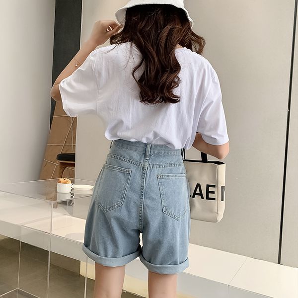 

ftlzz new woman wide legs high waist blue knee-lenght denim casual female loose fit jeans vintage ladies bermuda shorts, White;black