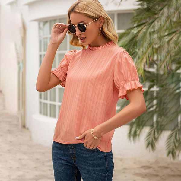 

women's blouses & shirts casual loose yellow and women blouse summer solid striped frill neck office ladies flounce sleeve back button, White