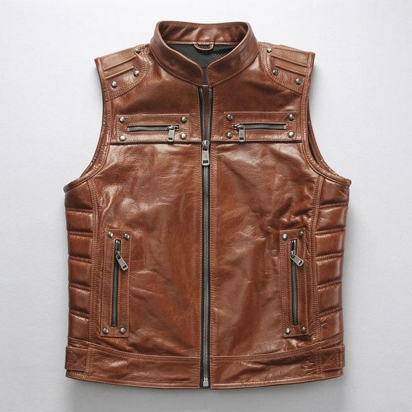 

men's vests 2021 rivet cowskin sleeveless jackets brand designer genuine leather professional motorcycle biker black vest, Black;white