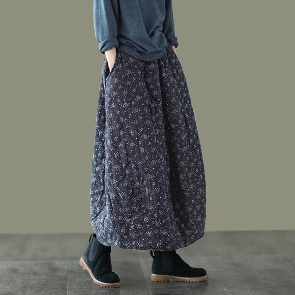 

winter autumn floral cotton womens skirt linen padded elastic waist a line flower pockets vintage, Black