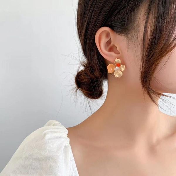 

vintage colorful matte metal flower stud earrings for women students fashion oorbellen punk statment jewelry gift, Golden;silver