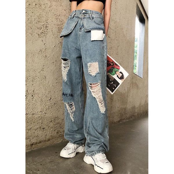 

women's jeans 2021 summer fashion tide ripped high waist detachable fake two piece woman straight pants denim streetwear, Blue