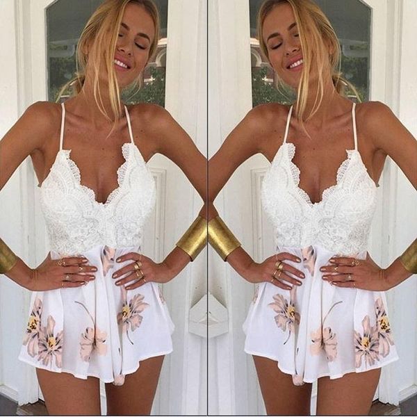 

lace up floral beach shorts womens rompers strap backless cross, Black;white