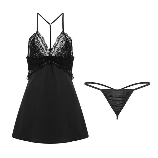 

women's sleepwear women lace nightwear set thin silk sling v-neck cross trim nightdress and panty satin soft homewear, Black;red