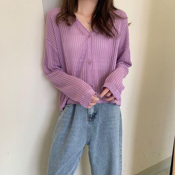 

summer female v-neck hollow long-sleeved air-conditioning thin knitted sunscreen cardigan jackets, Blue;gray