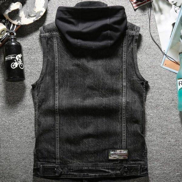 

men's vests autumn mens washed denim vest jacket hoody single breasted cowboy jeans waistcoat slim fit tank plus size biker outerwear, Black;white