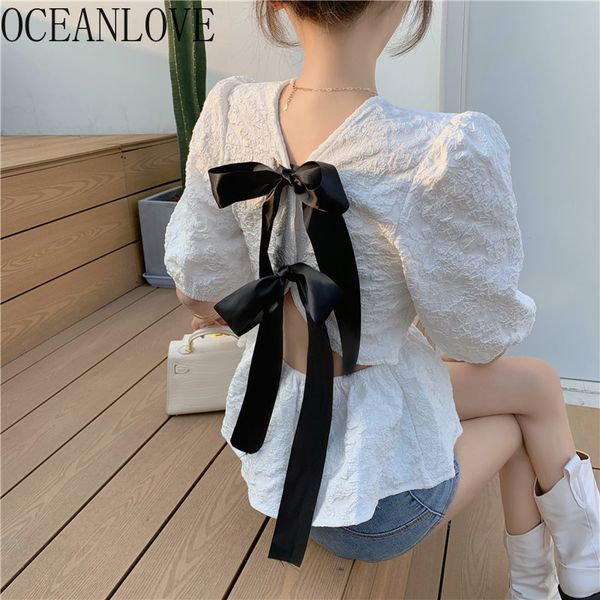 

bow puff sleeve blusas mujer solid bandage korean hollow out shirts spring summer sweet women blouses retro 210415, White