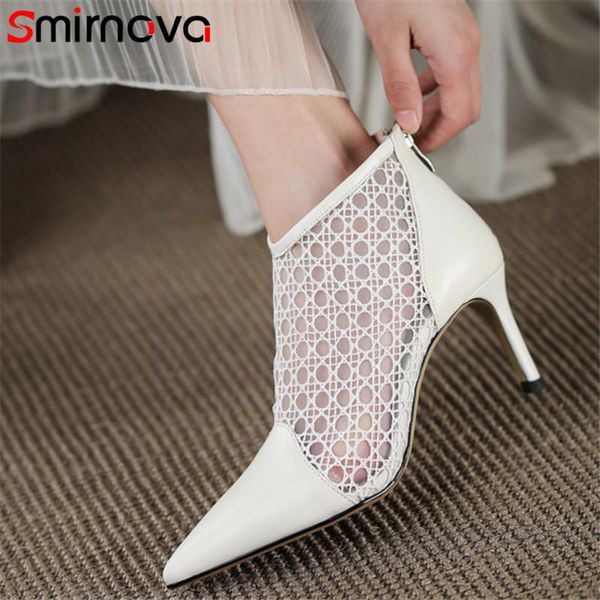 

boots smirnova 2021 big size 43 ankle women genuine leather +mesh summer zipper elegant high heels woman black