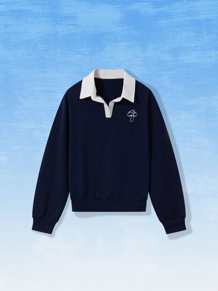 

romwe x punpun mushroom & frog graphic contrast collar sweatshirt t0eg#, White;black