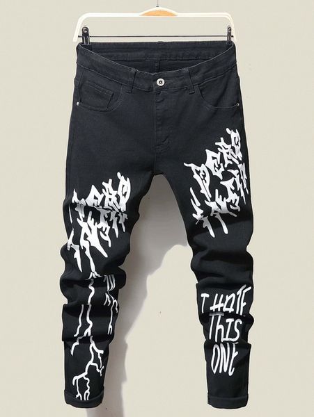 

men slogan graphic skinny jeans c47a#, Blue