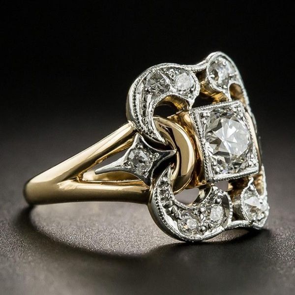 

classic female white crystal stone ring luxury gold silver color wedding rings for women dainty hollow square engagement, Slivery;golden