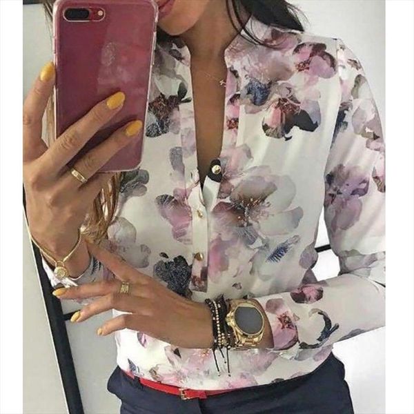 

fashion floral print ol women blouses casual long sleeve top, White