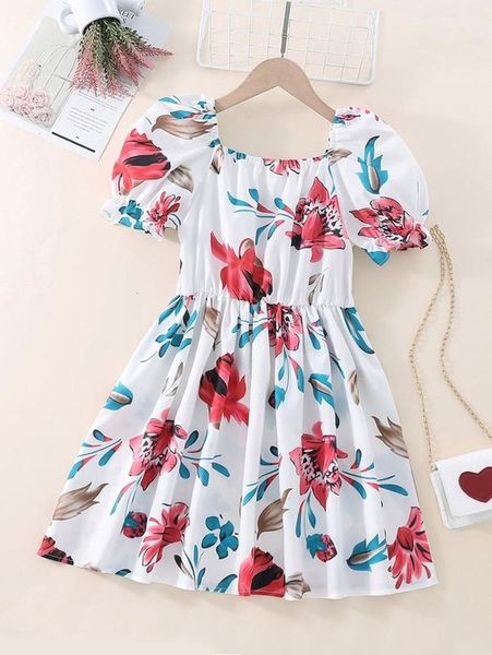 

girls floral print puff sleeve dress she01, Red;yellow