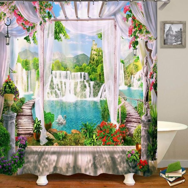 

shower curtains waterproof curtain rural garden flowers birds seaside scenery bathroom beautiful landscape bath screen with hook
