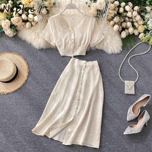

neploe solid female suit new single breasted slim wasit and half-length skirt two piece sets womens outfits 82073 210423, White