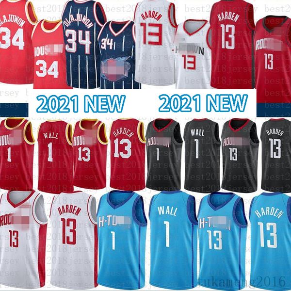 

2021 new basketball jersey houstonrocketmens john 1 wall james 13 harden hakeem 34 olajuwon mesh retro purple, Black;red