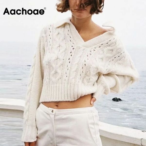 

aachoae elegant beige color cropped sweater women casual turn down collar knitted pullovers batwing long sleeve jumper 210413, White;black