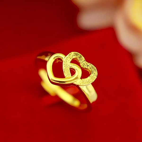 

cluster rings fashion gold ring 18k double heart opening for women wedding engagement jewelry elegant anniverary birthday gifts female, Golden;silver