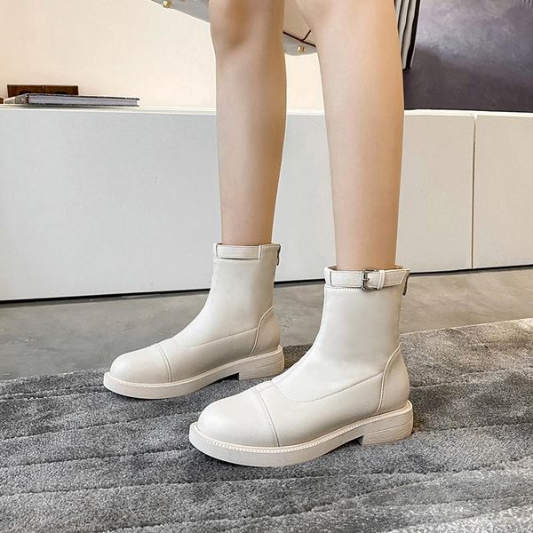 

boots 2021 women ankle pu leather side zipper shoes woman flats causal fashion winter motorcycle, Black