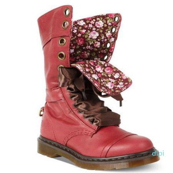 Großhandel - Stiefel Vintage Blumenfutter Band geschlossen Schnürung vorne Niete Retro dicker Absatz lässig professionelle Schleife Schnalle Boho Schuhe