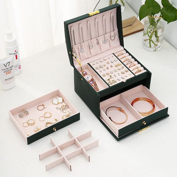 

jewelry pouches, bags moonlay design organizer leather earrings rings storage classification with lock makeup beauty for women girls, Pink;blue