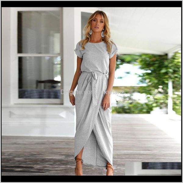 

dresses clothing apparel drop delivery 2021 womens fashion solid color mixed cotton short-sleeved round neck irregular casual dress belt s-x, Black;gray