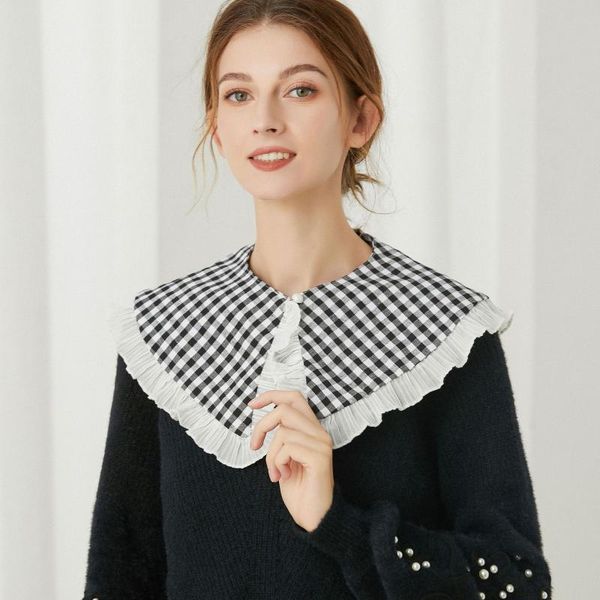 

bow ties fashion plaid big lapel fake collar shawl for women vintage detachable shirt blouse sweater clothes accessories, Black;gray