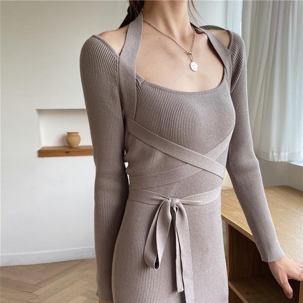 

casual dresses dgluke women bandage long sleeve sweater dress slim bodycon halter knitted autumn winter elegant party black futh, Black;gray
