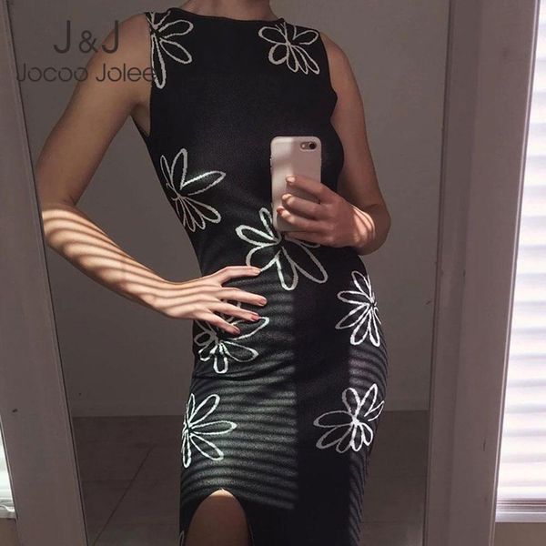 

jocoo jolee women summer printing split knit o neck backless hollow sleeveless long dress elegant casual party club 210518, Black;gray