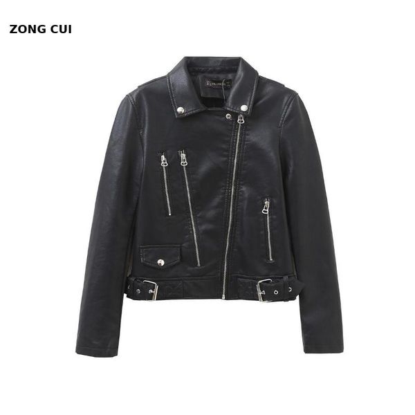 

women's leather & faux women spring autumn black jackets zipper basic coat turn-down collar motor biker jacket with belt