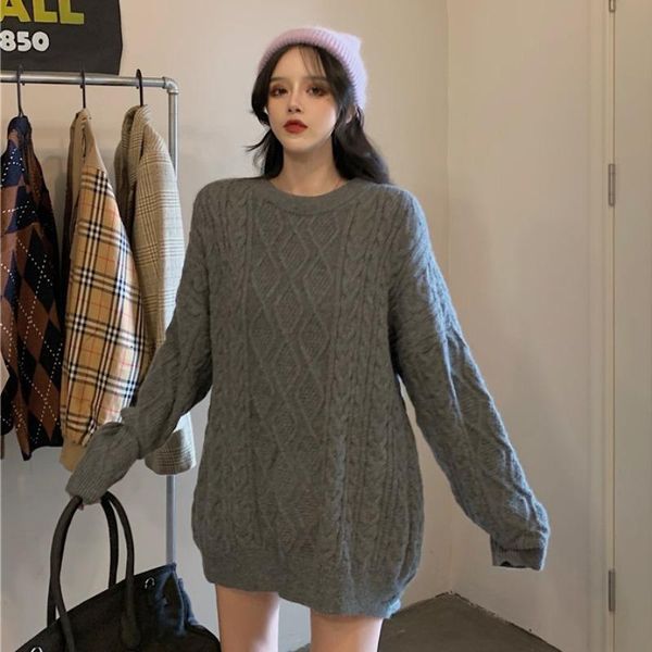 

women's sweaters medium and long style retro loose lazy wear thick round neck pullover twist sweater, White;black