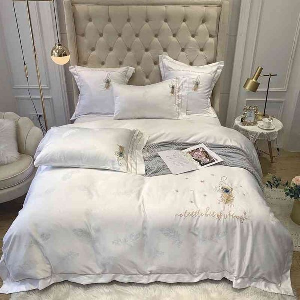 

bird peacock feather pattern embroidery white grey duvet cover sateen cotton luxury bedding set sheets  king size 4pcs
